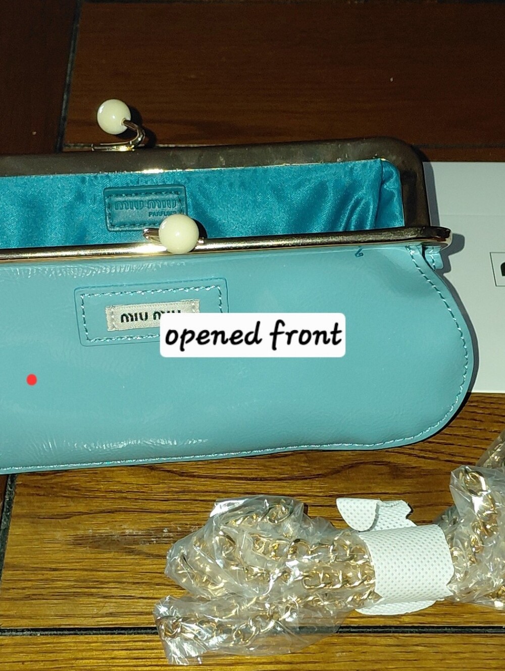 Christmas Gift? Miu Miu Blue Patent Leather Chain Clutch + Box, New - Picture 3 of 8